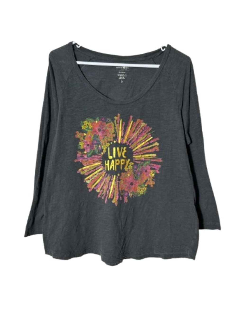 Natural life gray slub cotton live happy graphic 3/4 sleeve tee womens L